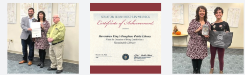 screenshot from the HKDPL website with photos of Library Director receiving certificate of achievement from State Senator and RCLS Sustainability Innovation Consultant