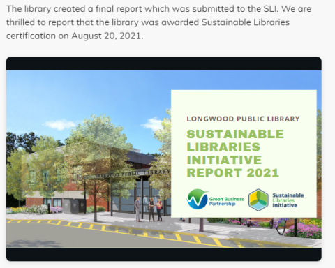screenshot of Longwood Public Library's sustainability webpage