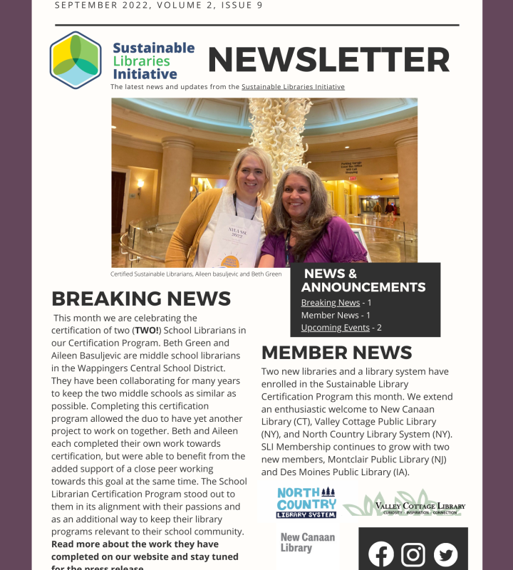Image of the September 2022 Newsletter Cover showing Aileen Basuljevic and Beth Green, who are now Certified as Sustainable School Librarians